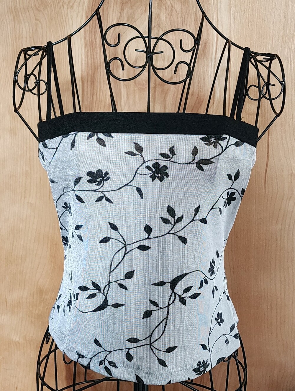 Vintage 90s Per Seption Black & Silver Floral Lace-Overlay Camisole Top